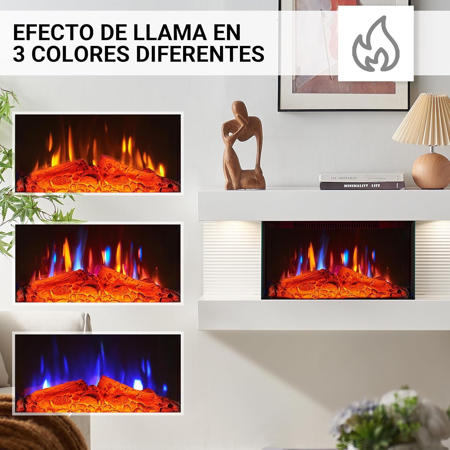 IDA - Chimenea Eléctrica De Pared, 1800 W, Chimenea Eléctrica Decorativa