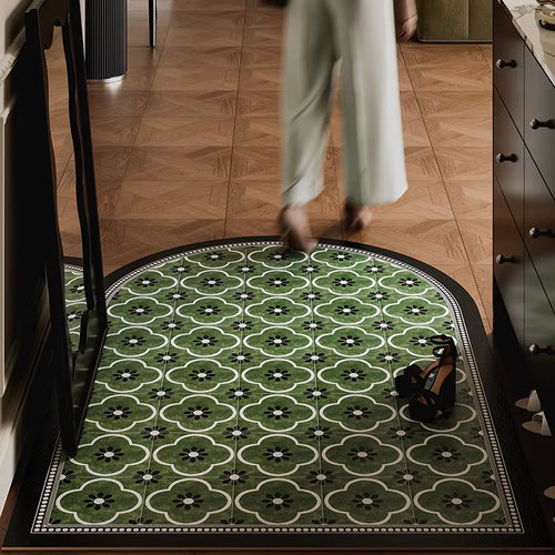 Entrance Door Mat Anti-Slip Waterproof Dirt-Resistant Carpet Retro Green Plaid Pvc Leather Rug Semicircle Home Decor Floor Mats