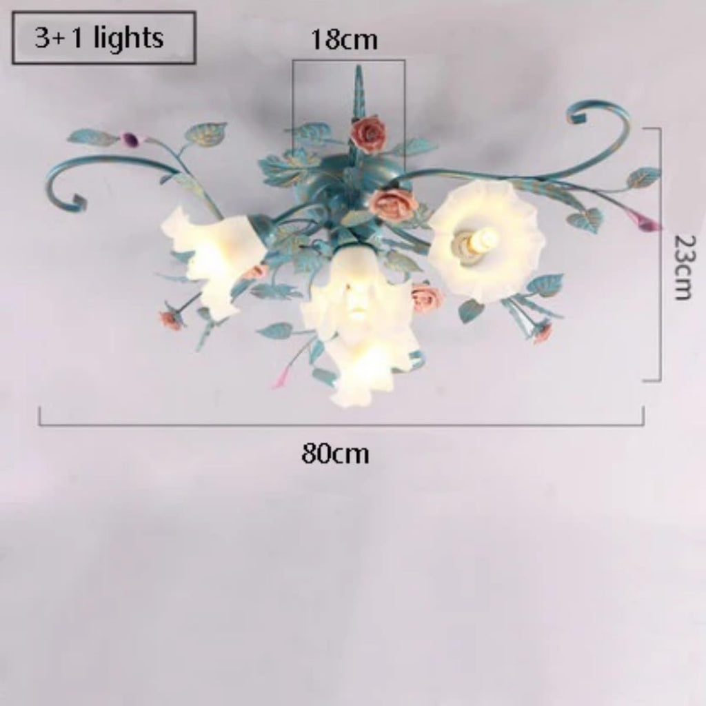 Lampara Techo Estilo Rústico,Plafon Led Techo De Araña Con Pantalla De Vidrio Y Rosas De Cerámica Rosa,Lampara Techo Colgante Diseño De Flores Para Sala De Estar Dormitorio Restaurante Pasillo,4Luces.