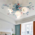 Lampara Techo Estilo Rústico,Plafon Led Techo De Araña Con Pantalla De Vidrio Y Rosas De Cerámica Rosa,Lampara Techo Colgante Diseño De Flores Para Sala De Estar Dormitorio Restaurante Pasillo,4Luces.