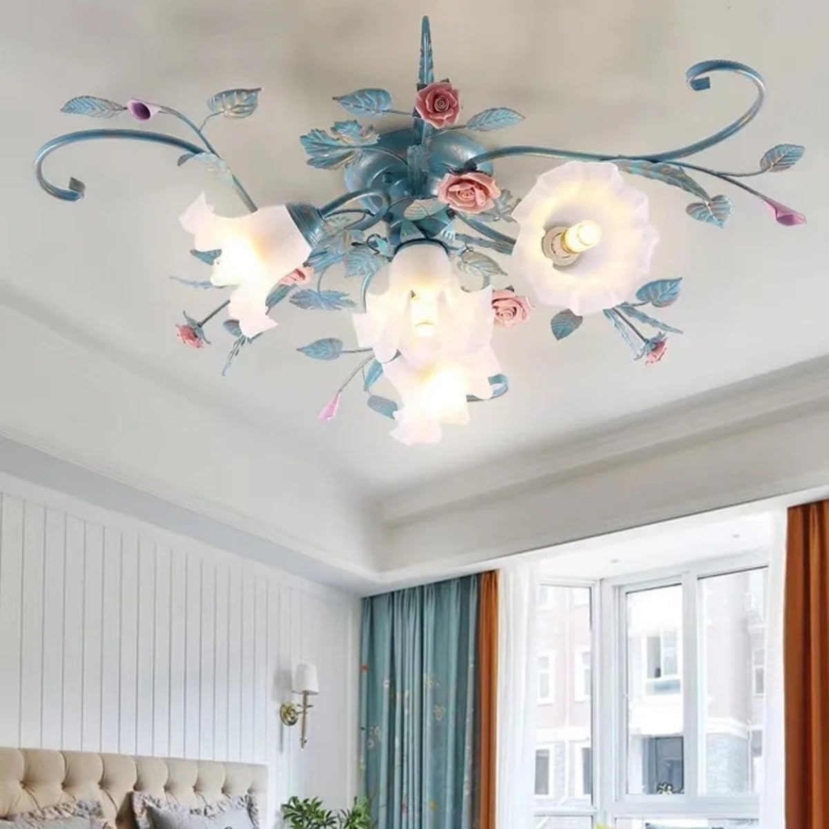 Lampara Techo Estilo Rústico,Plafon Led Techo De Araña Con Pantalla De Vidrio Y Rosas De Cerámica Rosa,Lampara Techo Colgante Diseño De Flores Para Sala De Estar Dormitorio Restaurante Pasillo,4Luces.