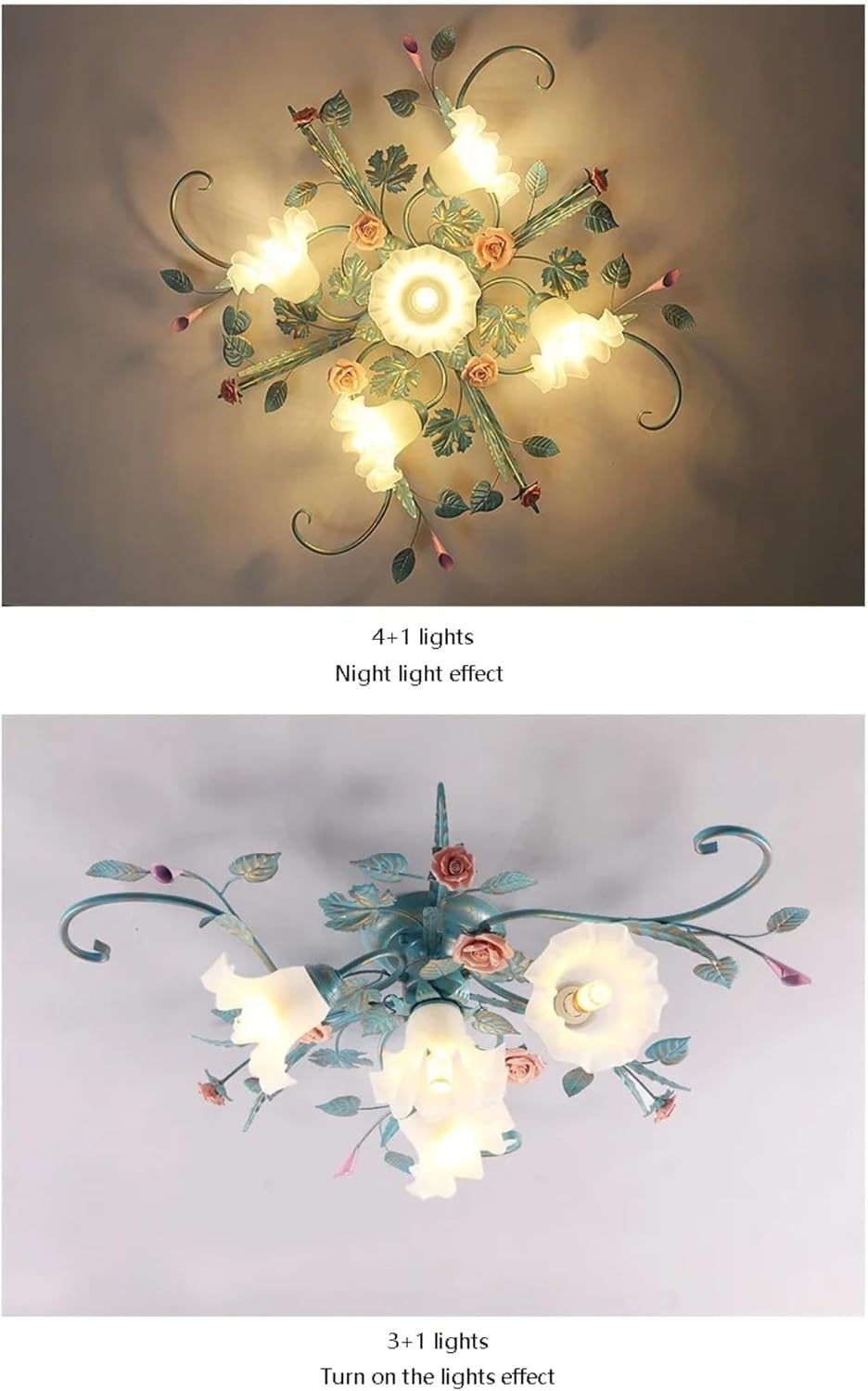 Lampara Techo Estilo Rústico,Plafon Led Techo De Araña Con Pantalla De Vidrio Y Rosas De Cerámica Rosa,Lampara Techo Colgante Diseño De Flores Para Sala De Estar Dormitorio Restaurante Pasillo,4Luces.