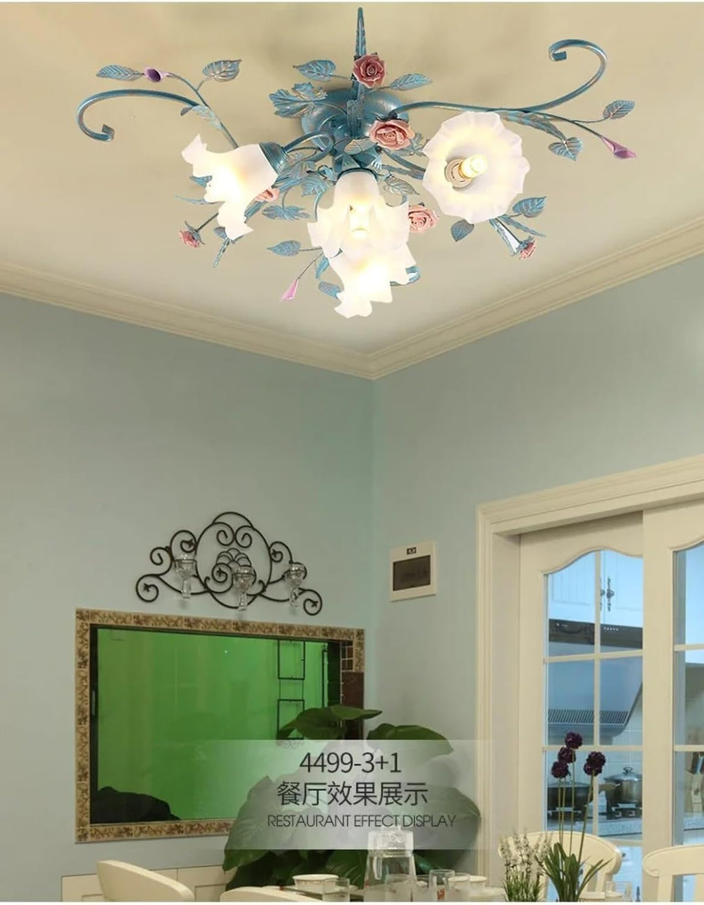 Lampara Techo Estilo Rústico,Plafon Led Techo De Araña Con Pantalla De Vidrio Y Rosas De Cerámica Rosa,Lampara Techo Colgante Diseño De Flores Para Sala De Estar Dormitorio Restaurante Pasillo,4Luces.