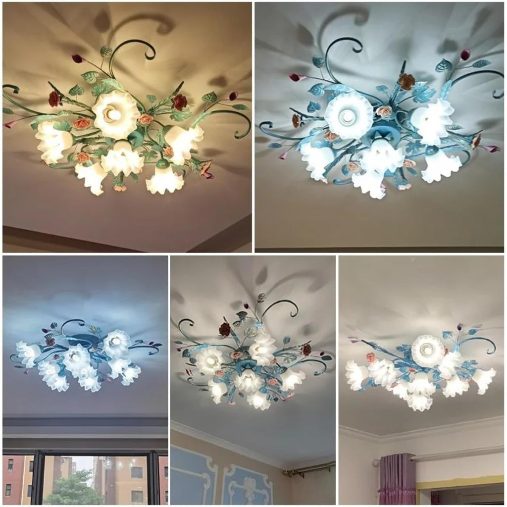 Lampara Techo Estilo Rústico,Plafon Led Techo De Araña Con Pantalla De Vidrio Y Rosas De Cerámica Rosa,Lampara Techo Colgante Diseño De Flores Para Sala De Estar Dormitorio Restaurante Pasillo,4Luces.