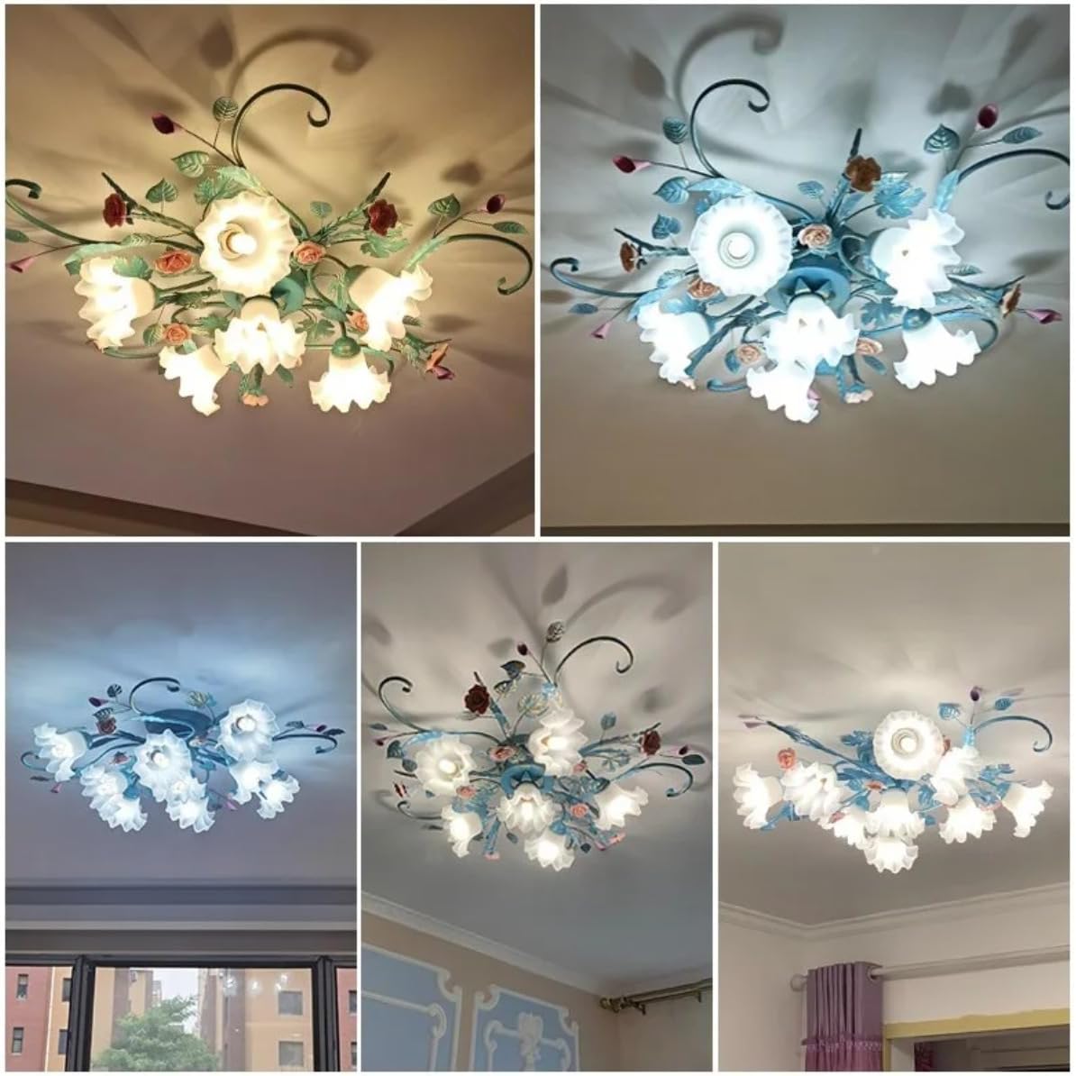 Lampara Techo Estilo Rústico,Plafon Led Techo De Araña Con Pantalla De Vidrio Y Rosas De Cerámica Rosa,Lampara Techo Colgante Diseño De Flores Para Sala De Estar Dormitorio Restaurante Pasillo,4Luces.
