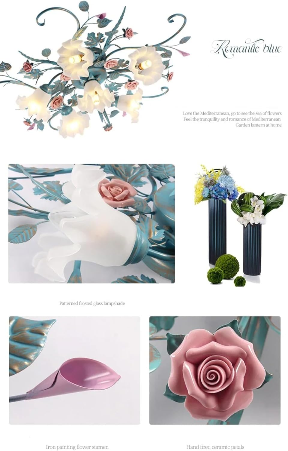 Lampara Techo Estilo Rústico,Plafon Led Techo De Araña Con Pantalla De Vidrio Y Rosas De Cerámica Rosa,Lampara Techo Colgante Diseño De Flores Para Sala De Estar Dormitorio Restaurante Pasillo,4Luces.