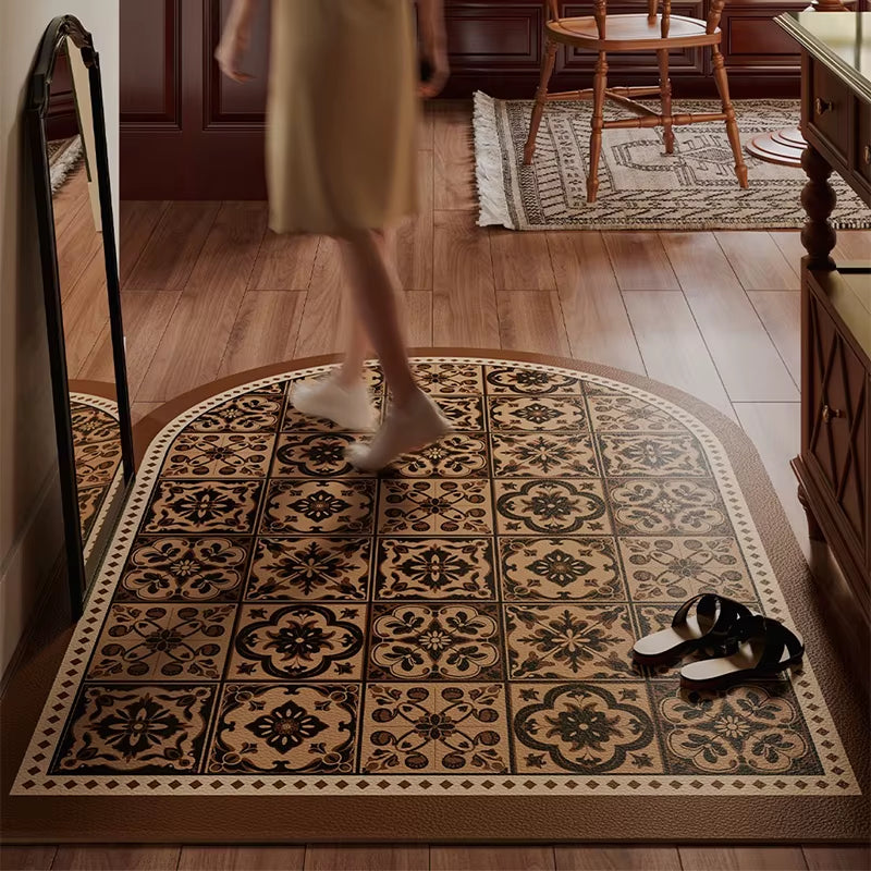 Entrance Door Mat Anti-Slip Waterproof Dirt-Resistant Carpet Retro Green Plaid Pvc Leather Rug Semicircle Home Decor Floor Mats