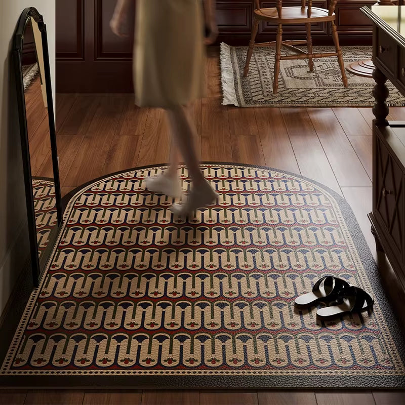 Entrance Door Mat Anti-Slip Waterproof Dirt-Resistant Carpet Retro Green Plaid Pvc Leather Rug Semicircle Home Decor Floor Mats